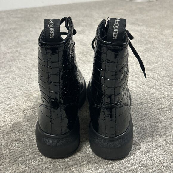 Alexander McQueen Croc Effect Boots Womens 38.5E US 8.5 Black Combat New - Picture 9 of 16